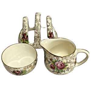 Vintage James Kent Chintz Longton Trellis June Roses Cream Sugar Toast Rack Set